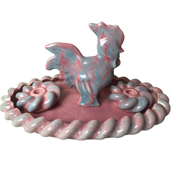 Other - One of a Kind MCM Glazed Pottery Centerpiece with Candle Holders and Rooster, Si